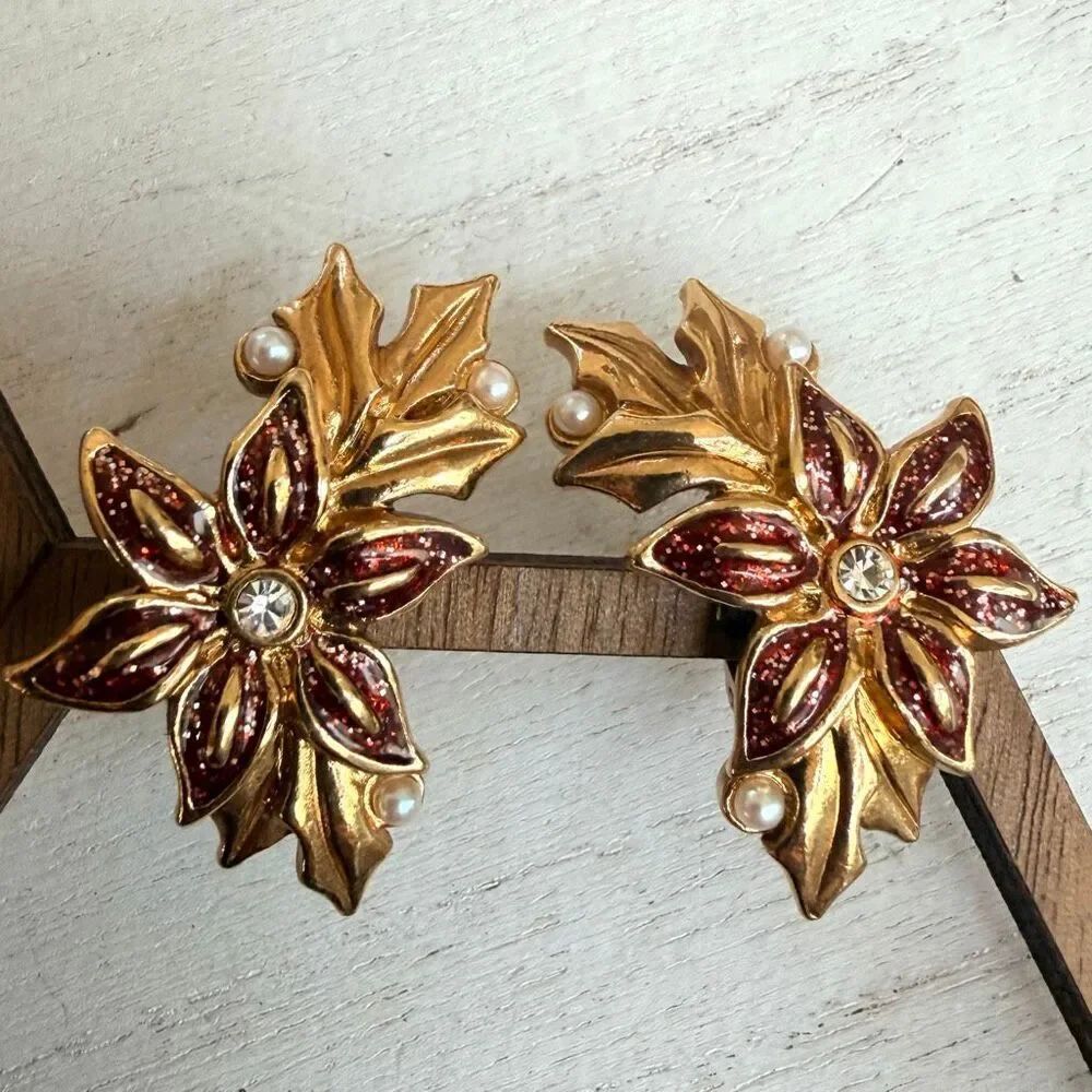 Avon Vintage Floral Clip On Earrings Gold Tone Red Enamel Rhinestone Pearl